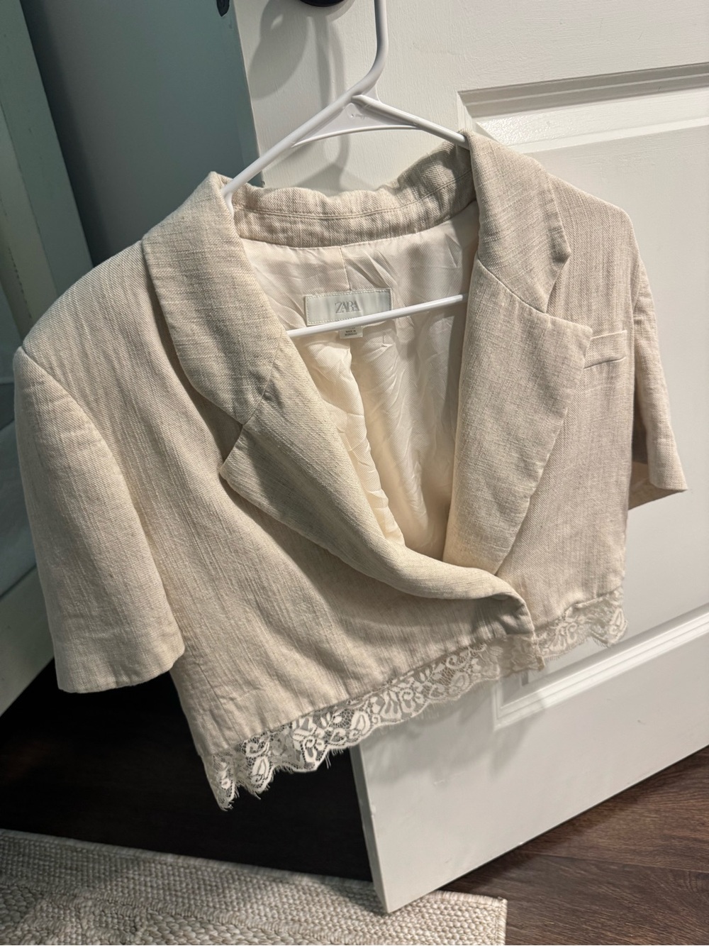 Lace-Hem Short Sleeve Blazer Jacket - Cream - Picture 2 of 6